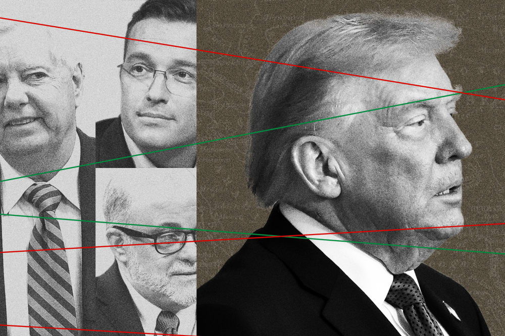 Photoillustration of Donald Trump with Lindsey Graham, Benny Johnson and Mark Levin, overlaid on a map of Iran and connected with lines the colors of Iran's flag.