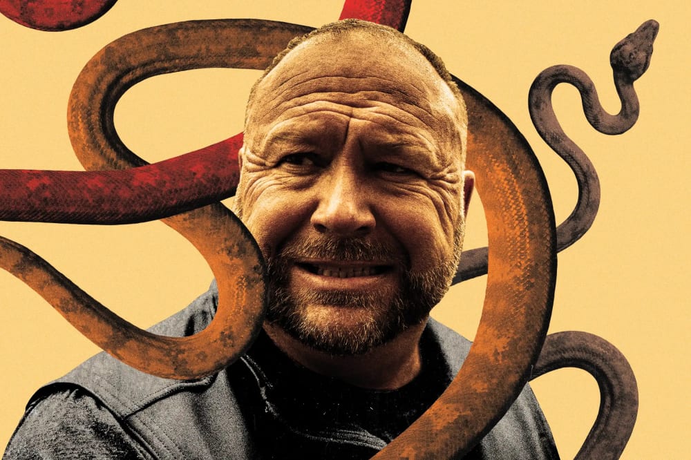 A photo illustration of Alex Jones surrounded by snakes.