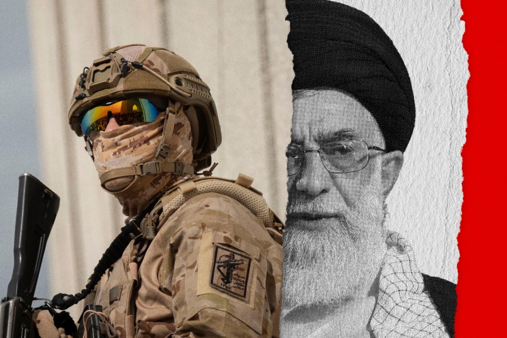 Photoillustration of Islamic Revolutionary Guard Corps member blocking an image of Ayatollah Ali Khamenei.