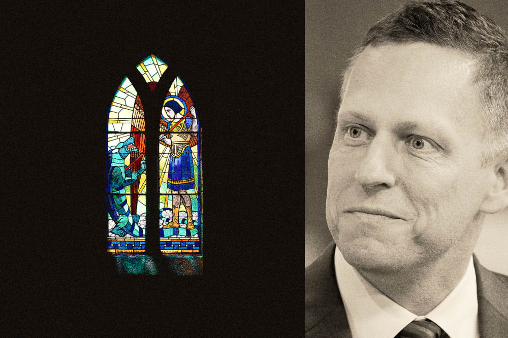 Photoillustration of Peter Thiel looking at a stained-glass window depicting the devil.
