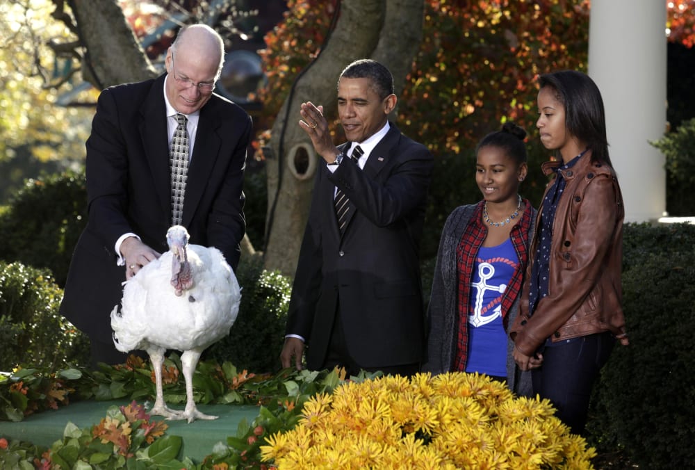 U.S. President Barack Obama pardons the 2012 Thanksgiving Turkey, Cobbler, next to next to his daughters Sasha and Malia (R) and National Turkey Federation Chairman Steve Willardsen in the Rose Garden of the White House in Washington, November 21, 2012...