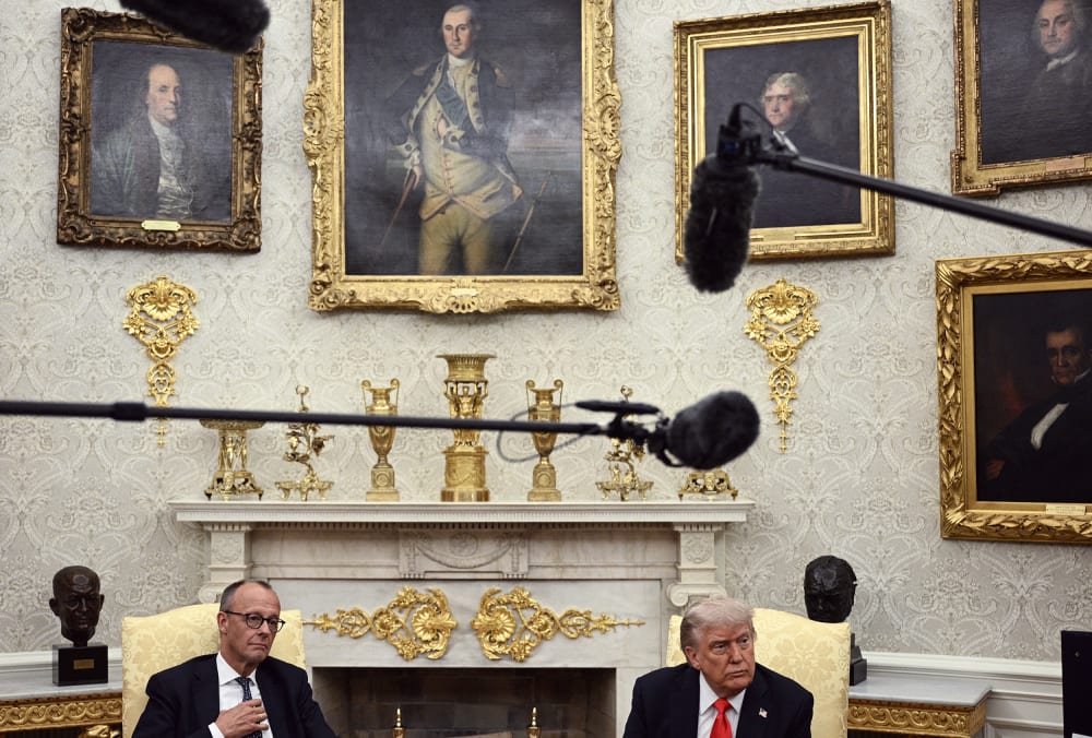 U.S. President Donald Trump and German Chancellor Friedrich Merz meet in the Oval Office on June 5, 2025.