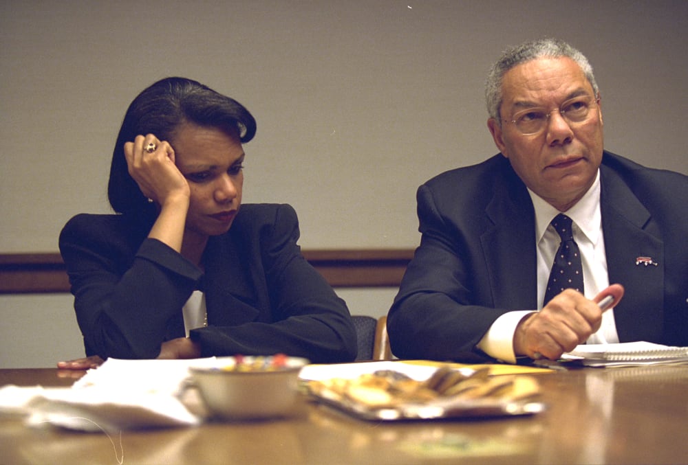 Secretary of State Colin Powell and National Security Advisor Condoleezza Rice in the President's Emergency Operations Center in Washington in the hours following the September 11, 2001 attacks in this U.S National Archives handout photo