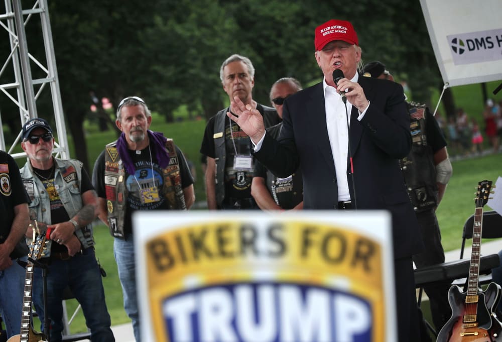 Republican presidential candidate Donald Trump speaks during the annual Rolling Thunder First Amendment Demonstration Run, May 29, 2016 in Washington, DC. (Photo by Alex Wong/Getty)