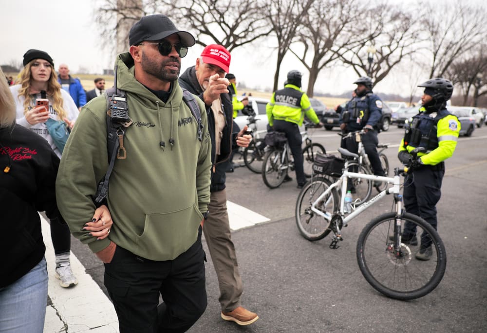 Former Proud Boys leader Enrique Tarrio attends a January 6th memorial march marking five years since the attack on the US Capitol on Jan. 06, 2026.