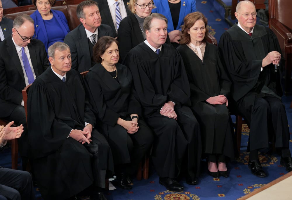 Chief Justice of the Supreme Court John Roberts, Justice Elena Kagan, Justice Brett Kavanaugh, Justice Amy Coney Barrett, and retired Justice Anthony Kennedy on March 4, 2025, at the U.S. Capitol.