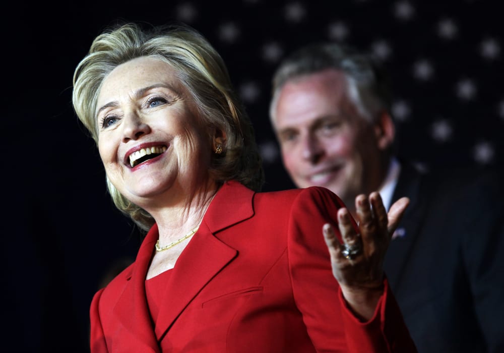 Former U.S. Secretary of State Hillary Clinton speaks at an event to endorse Virginia gubernatorial candidate and former DNC chairman Terry McAuliffe (R)