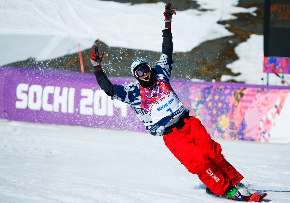 American Nicholas Goepper reacts during the men's freestyle skiing slopestyle finals at the 2014 Sochi Winter Olympic Games, Feb. 13, 2014, in Rosa Khutor.