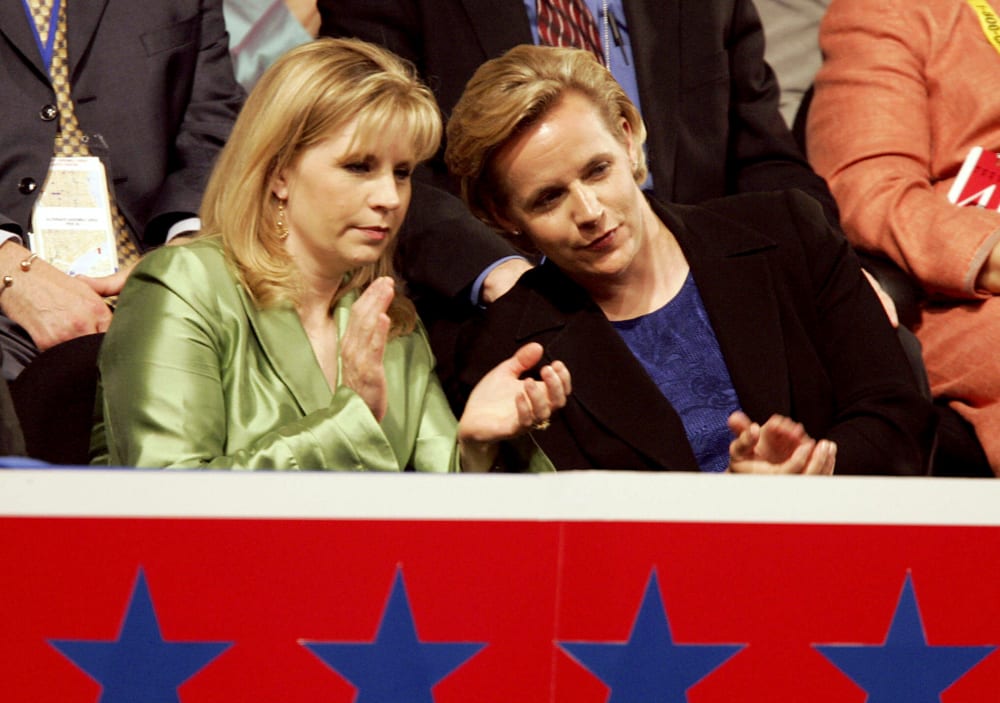 Elizabeth(L) and Mary Cheney, daughters of Vice President Dick Cheney, attend the Republican National Convention at Madison Square Garden in New York, N.Y. on Sept. 1, 2004.
