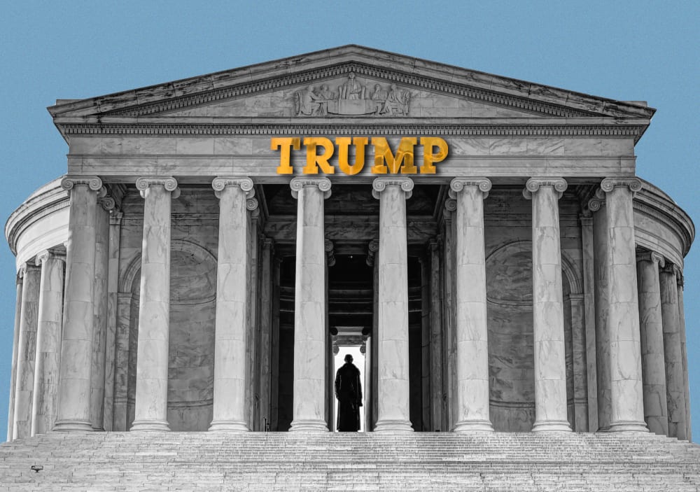 A photo illustration featuring the Jefferson Memorial with Trump's name in gold on top.