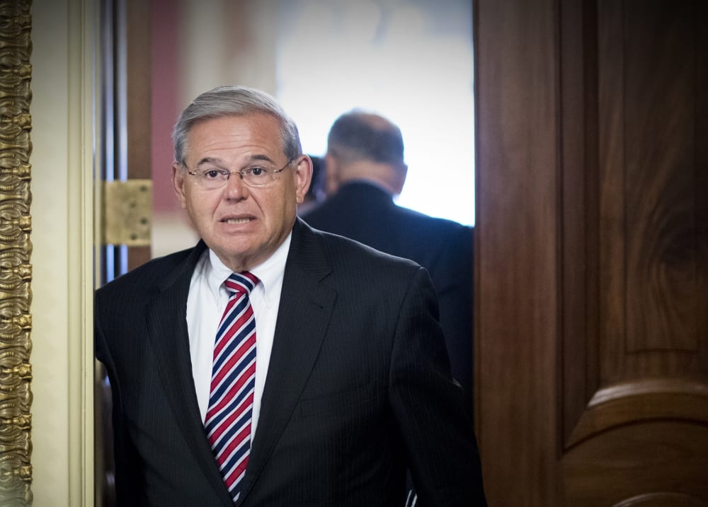 Sen. Bob Menendez (D-NJ) leaves the Senate Democrats' policy lunch in the Capitol on July 6, 2016. (Photo By Bill Clark/CQ Roll Call/AP)