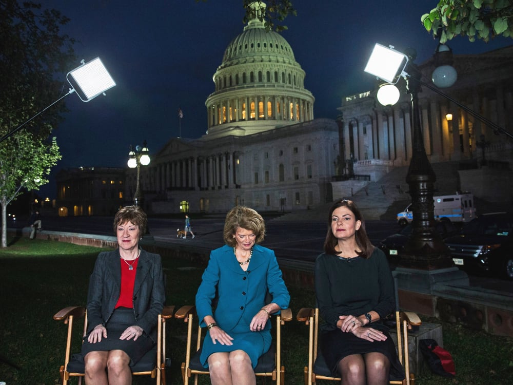 Sen. Susan Collins, Sen. Lisa Murkowski, and Sen. Kelly Ayotte prepare to appear on national television on the morning of October 16, 2013 in Washington, DC.