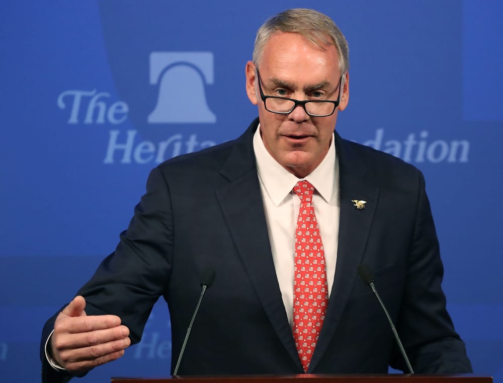 Interior Secretary Ryan Zinke addresses criticism of his travel practices before delivering a speech billed as "A Vision for American Energy Dominance." at the Heritage Foundation on September 29, 2017 in Washington, D.C.
