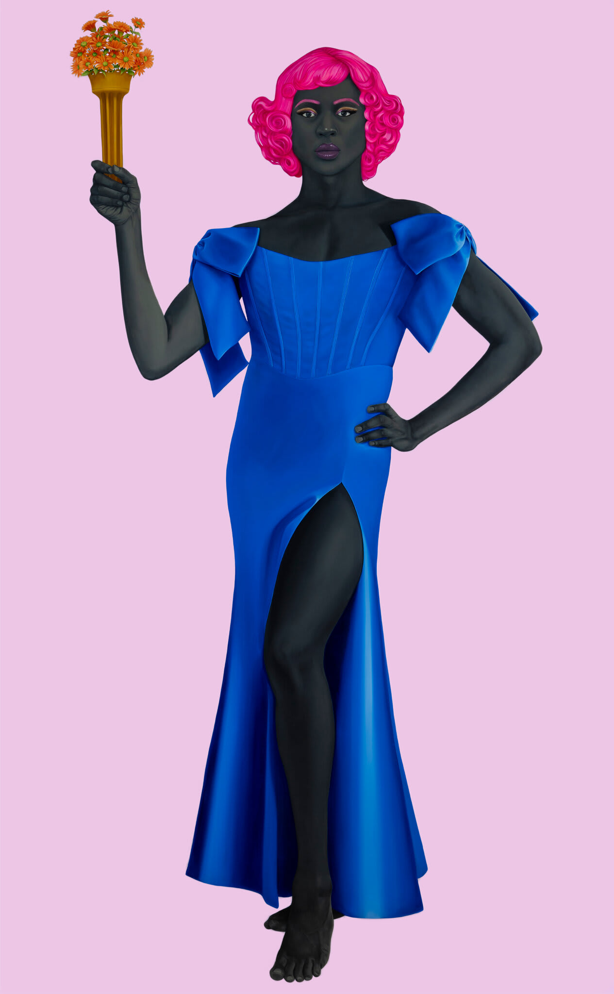 A woman with vibrant magenta hair and an electric blue dress holds orange flowers up against a light pink background