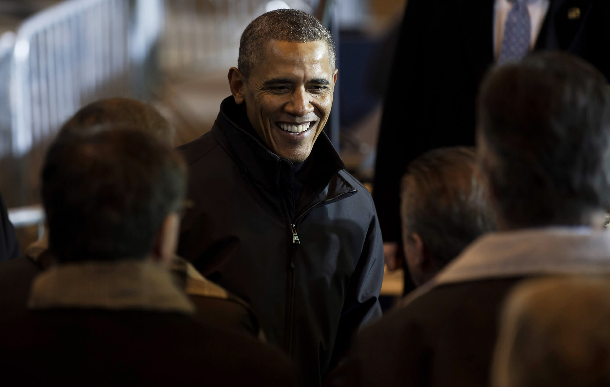 U.S. President Barack Obama greets people at the USX Irvin Works Jan. 29, 2014 in West Mifflin, Penn.
