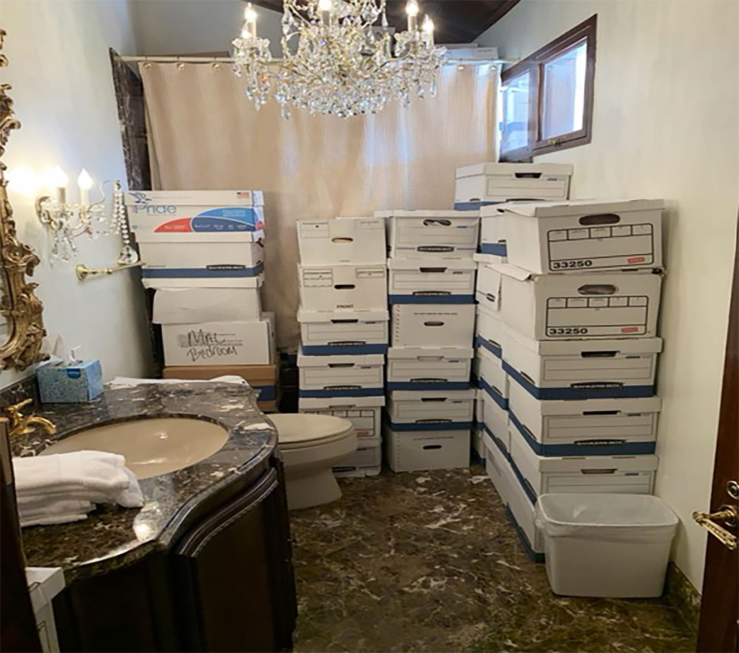 Stacks of boxes in the bathroom at Donald Trump's Mar-a-Lago estate.