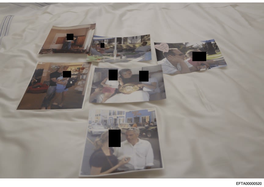 Photos of Jeffrey Epstein with unnamed girls in redacted and undated photos released by the Department of Justice.