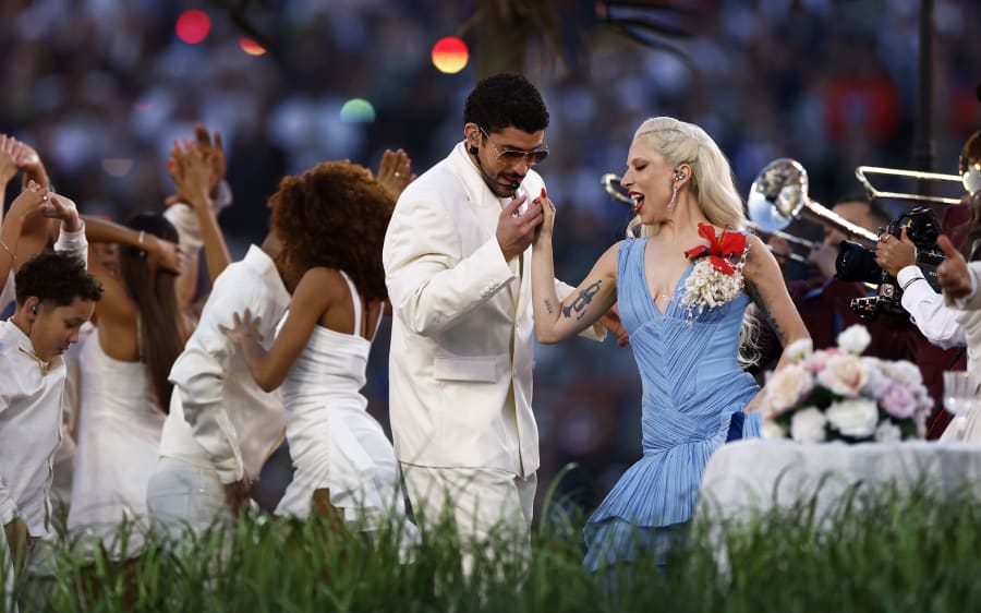 Bad Bunny and Lady Gaga perform during the NFL Super Bowl LX halftime show on Feb. 8, 2026.
