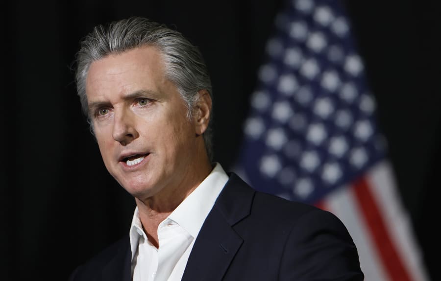 California Gov. Gavin Newsom speaks to reporters on Oct. 22, 2025 in Stockton, CA.