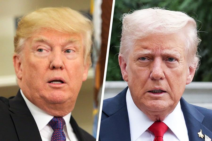 Donald Trump in Nov. 2017; Donald Trump in Nov. 2025.