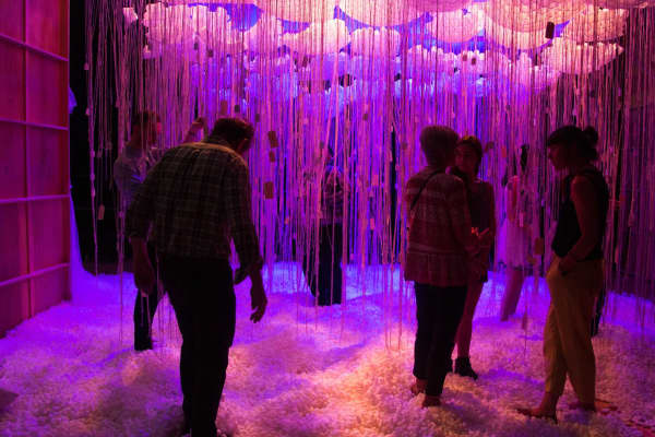 The audience explores an installation co-designed by students following a hybrid in-person/virtual performance at MTC HQ as part of the 2017 partnership. Photo: Jacinta Keefe