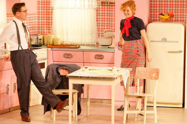 Toby Truslove with Nikki Shiels in Home, I'm Darling. Photo: Jeff Busby