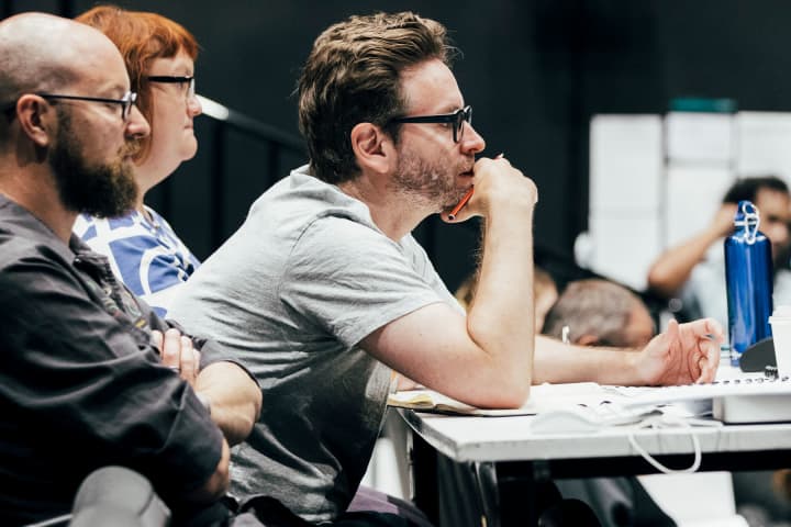 Sam Strong in rehearsals, with Composer & Sound Designer Russell Goldsmith and Stage Manager Jess Keepence. Photo: Charlie Kinross