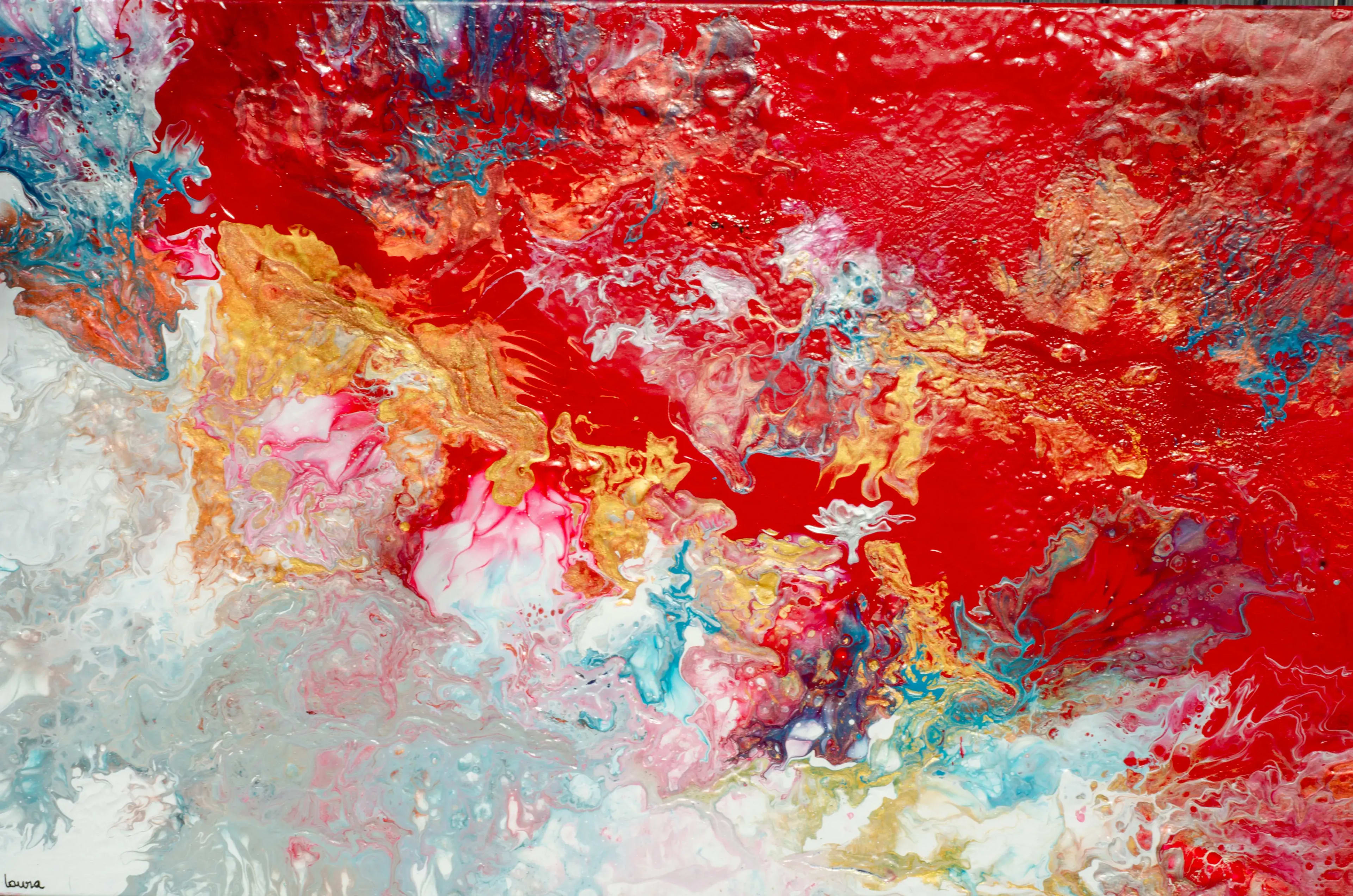 Tableau pouring rouge et blanc — œuvre de Laura Onesta, artiste peintre à Montrabé