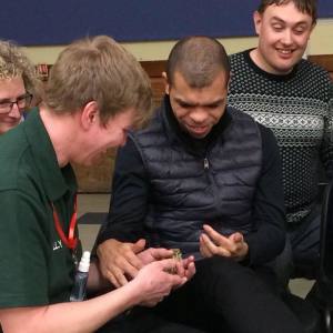 An Exotic Explorers volunteer showing a lizard to 2 boys