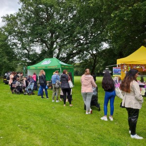 The Exotic Explorers team at the Warley Family Fun Day with their marquee and a long queue for the animal handling experience