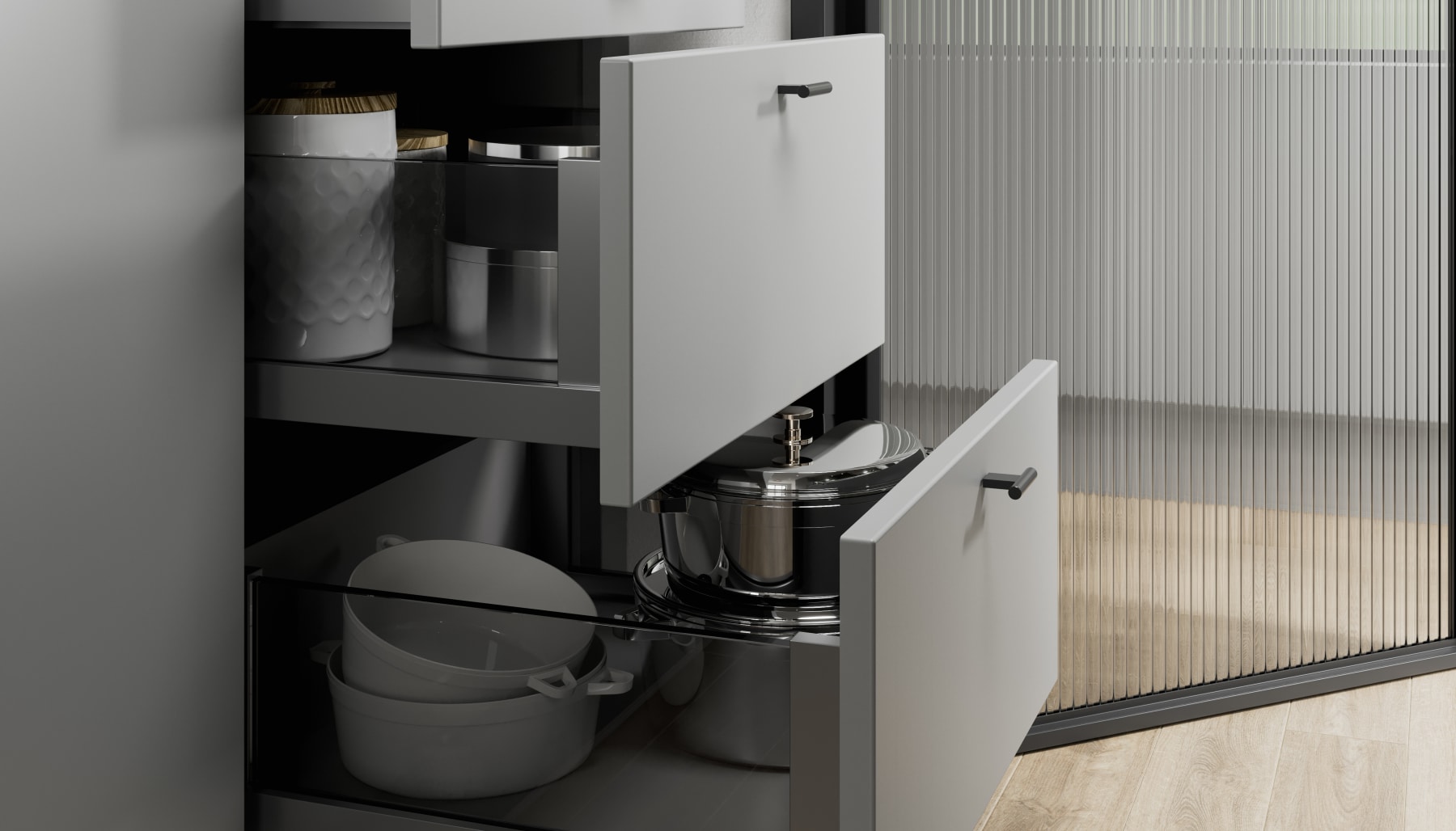 Contour Ermine Kitchen in Ash Grey & Athena Manhattan Oak | Wren