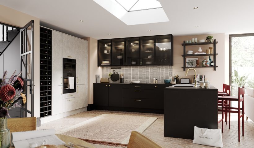 Hero shot of the U-shaped Elements Kitchen in Light Onyx Matt with wine rack and open shelving