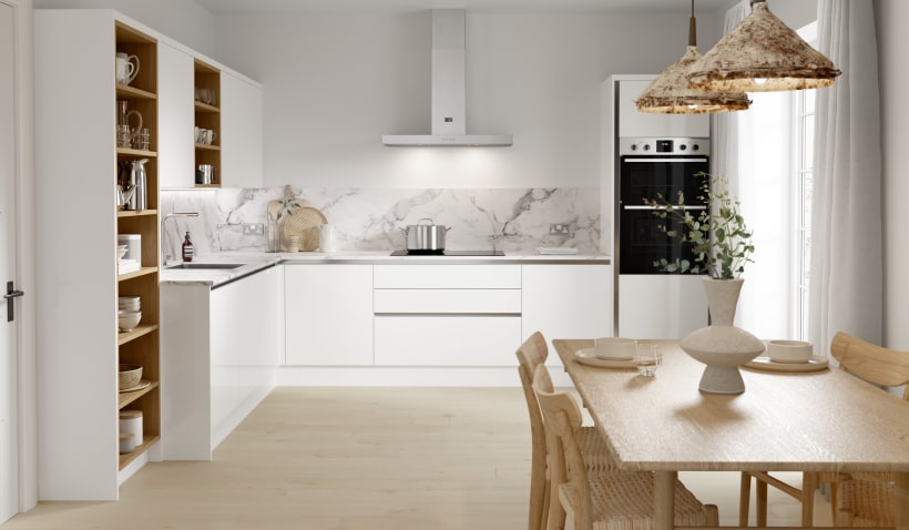 Hero shot of the Linea Kitchen in White Gloss with Integrated appliances, open shelving, handleless drawers and cupboards