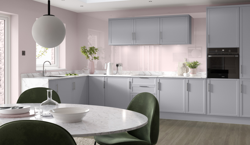 Hero shot of the Shaker Slim Kitchen in Ash Grey with Integrated appliances, overhead storage and bar handles