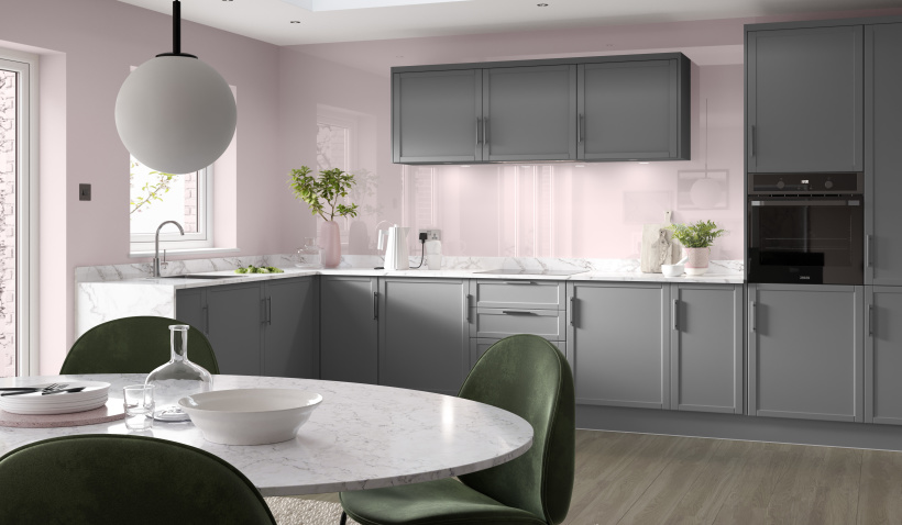 Hero shot of the Shaker Slim Kitchen in Lava Grey with Integrated appliances, overhead storage and bar handles