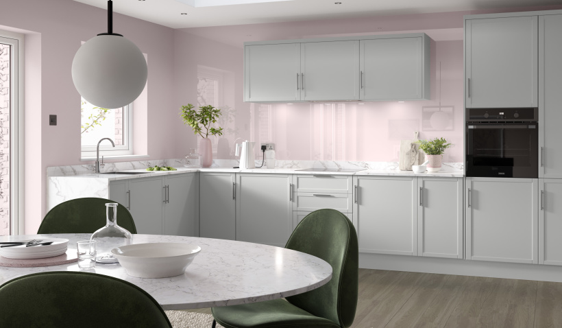 Hero shot of the Shaker Slim Kitchen in Fossil Grey with open shelving, stools and bar handles