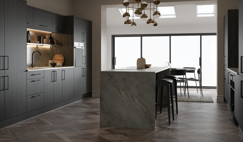 Contour HD Pencil Kitchen in Grey Matt featuring kitchen island, stool seating, under cabinet &amp; pendent lighting