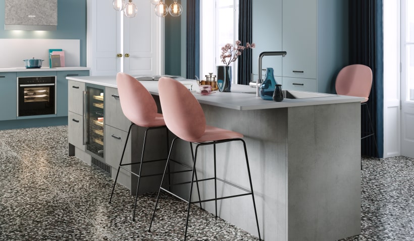 Hero shot of the Elements Kitchen in Concrete Oak Matt featuring kitchen island with built in wine cooler