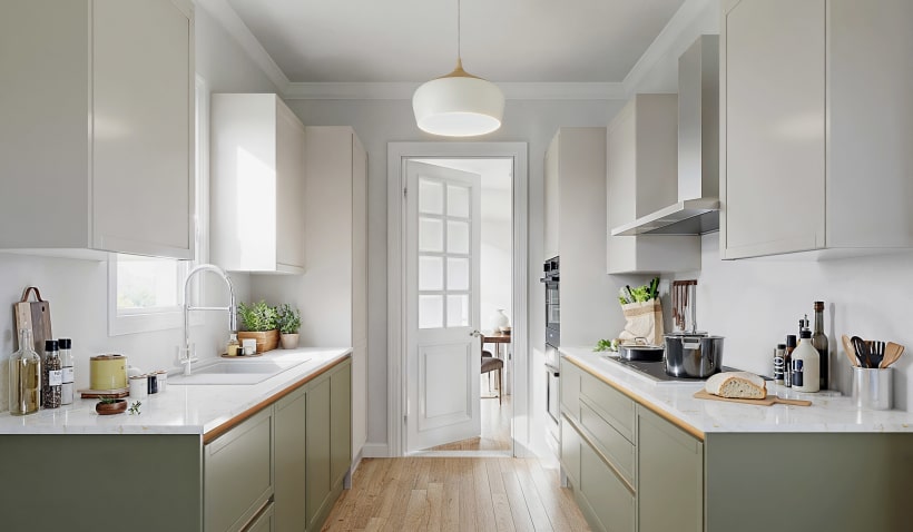 Hero shot of the Galley shaped Milano Shaker Slim Ermine Kitchen in Olive Green Matt