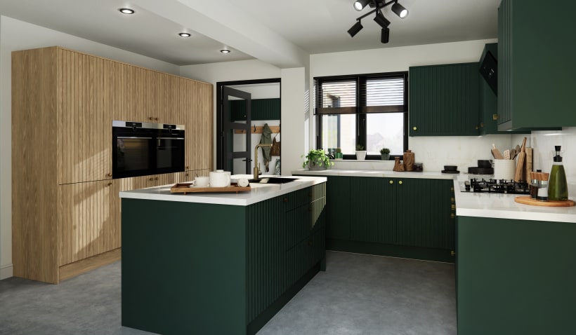 Hero shot of the Athena Ermine Kitchen in Buckingham Green featuring built-in ovens and multi-functional kitchen island