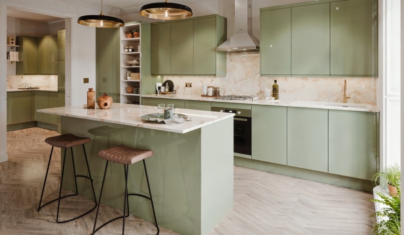 Hero shot of the J Pull Kitchen in Moss Green Gloss
