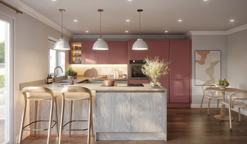 Hero Shot of the Milano Contour Ermine Kitchen in Bordeaux and Oslo Oak Featuring bar stools, pendent lighting and a two tone finish