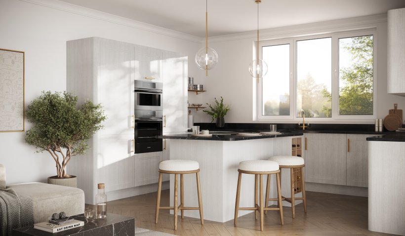 Canted Hero shot of the Shaker Denver HD Kitchen in Pillow HD