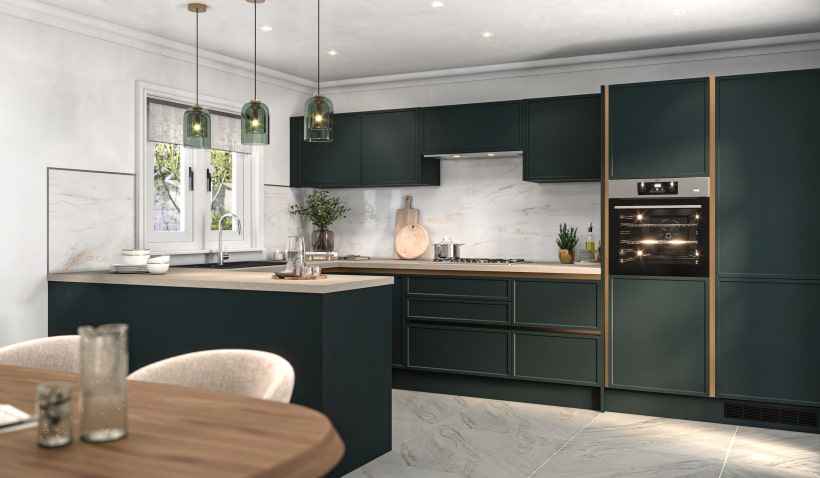 Hero shot of the U-shaped Milano Shaker Super Slim Ermine Kitchen in Buckingham Green Matt with gold profiles