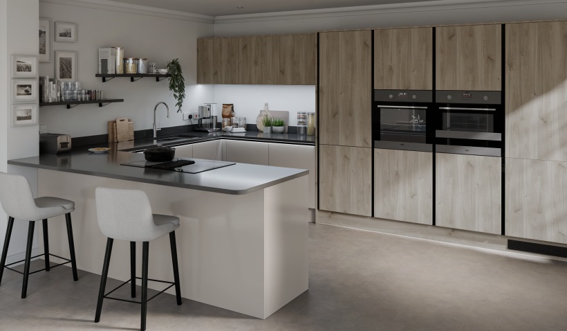 Hero shot of the U-shaped Linea Elements Kitchen in Silver Oak Matt featuring built-in ovens and open shelving