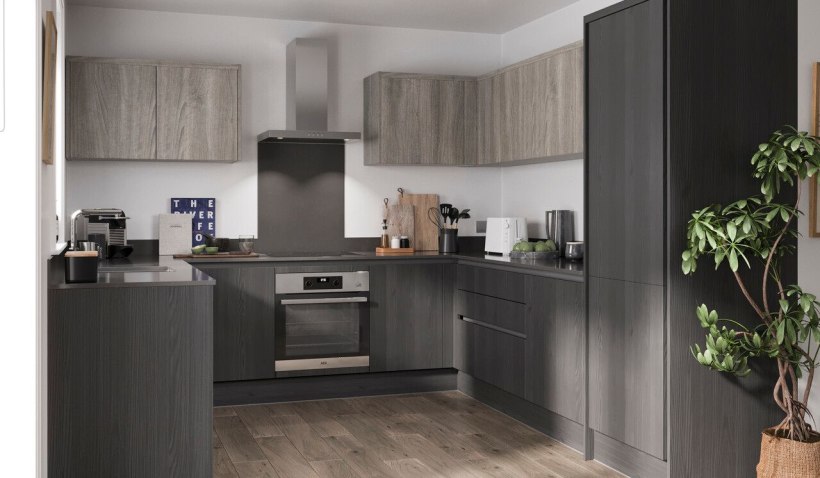 Hero shot of the U-shape Milano Contour HD Kitchen in Pencil Grey featuring integrated oven, hob and extractor