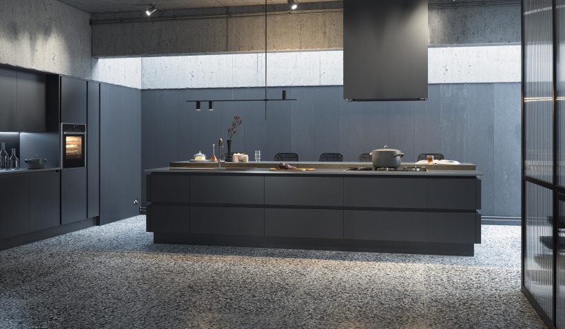 Hero shot of the Milano Ultra Kitchen in Pencil Grey featuring a kitchen island