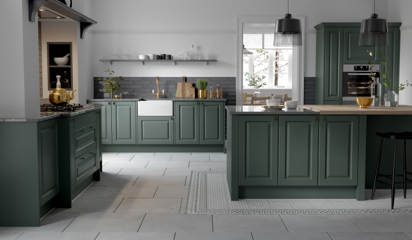 Hero shot of Georgian Ermine Kitchen in Forest Green featuring farmhouse sink, open shelving and two style island worktops