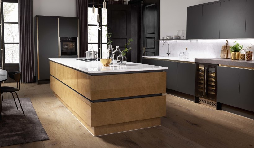 Hero shot of the Milano Elements Kitchen in Metallic Gold featuring kitchen island, built-in oven and wine cooler