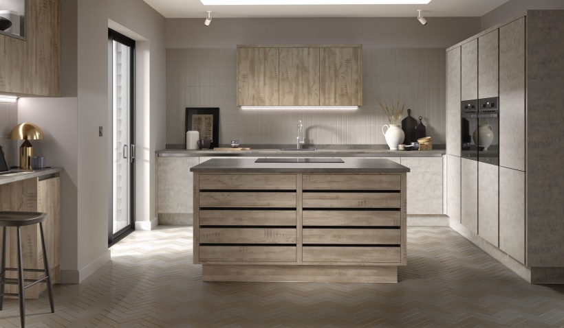 Hero shot of the Milano Elements Kitchen in Harvest Oak Matt Featuring kitchen island with handleless drawers